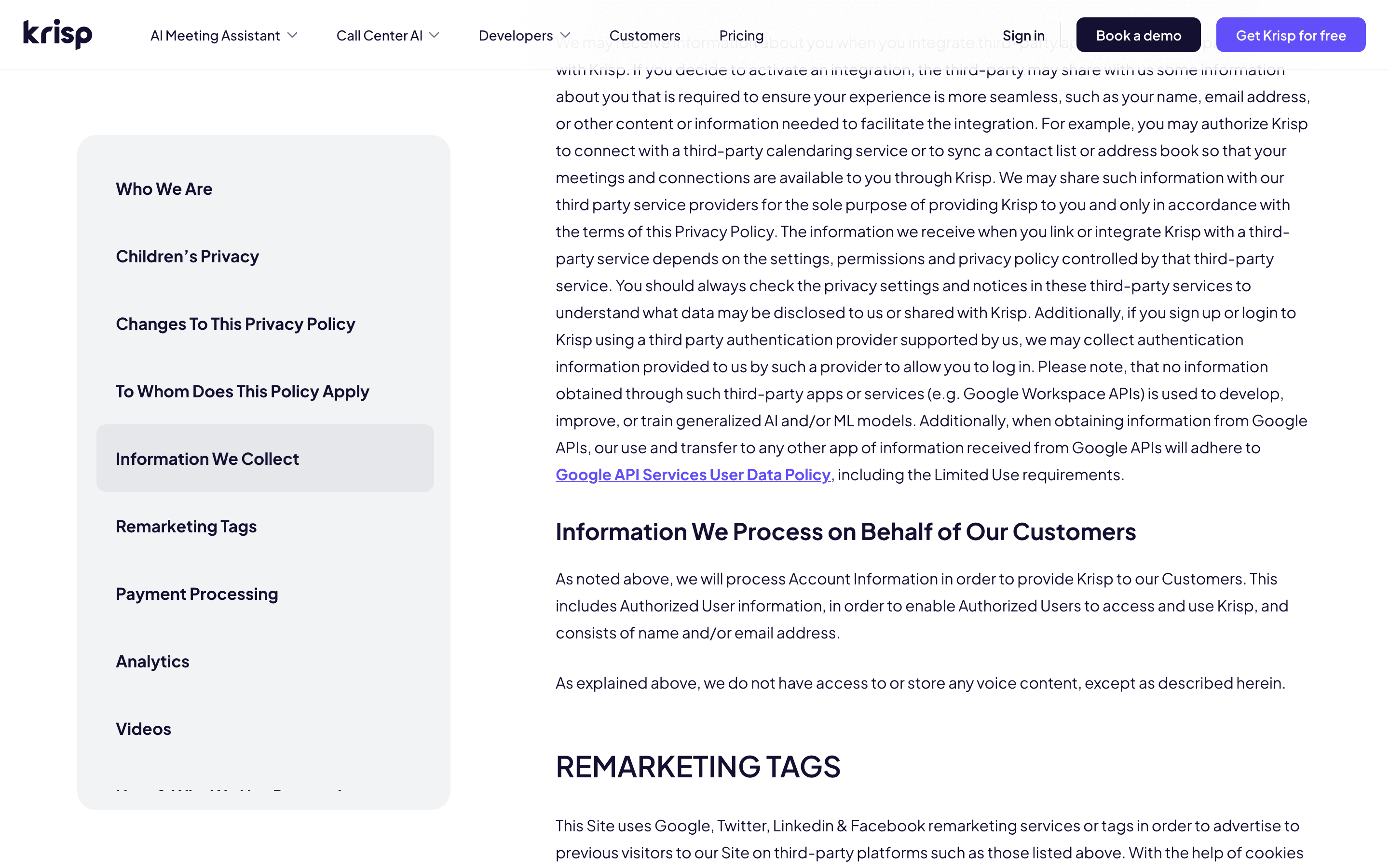Krisp privacy policy receipt: the no-training sentence scoped to information obtained through third-party apps such as Google Workspace APIs