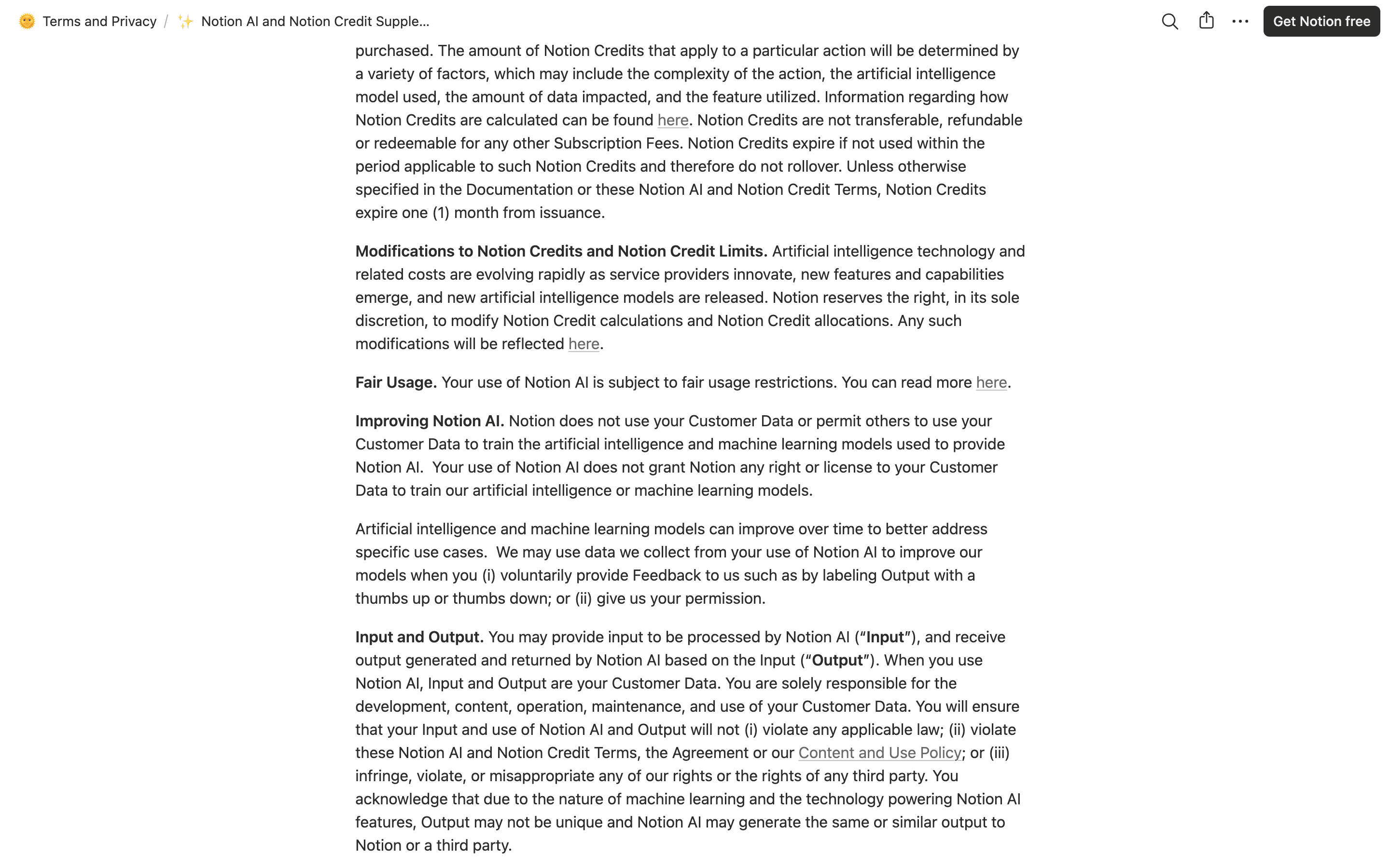Notion AI privacy receipt: the AI Supplementary Terms clause on not using Customer Data to train models