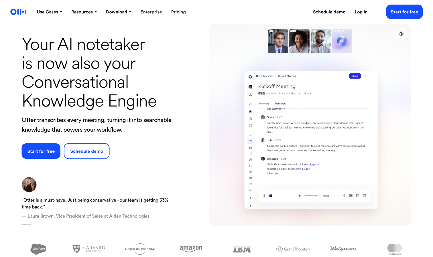 Otter.ai homepage, the cloud AI meeting notes and transcription service this privacy audit covers
