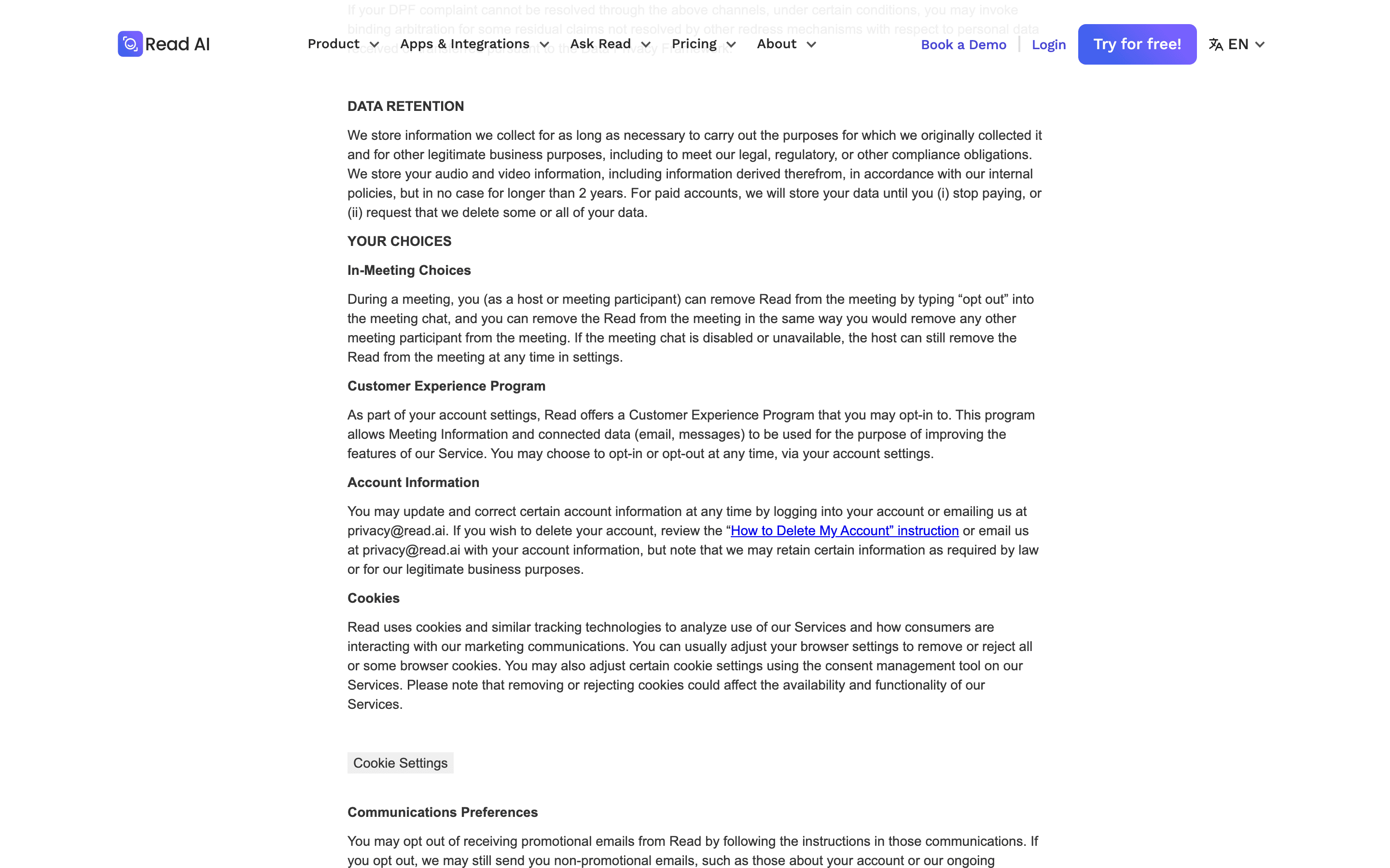 Read AI privacy policy clause describing the Customer Experience Program you opt in to for model training