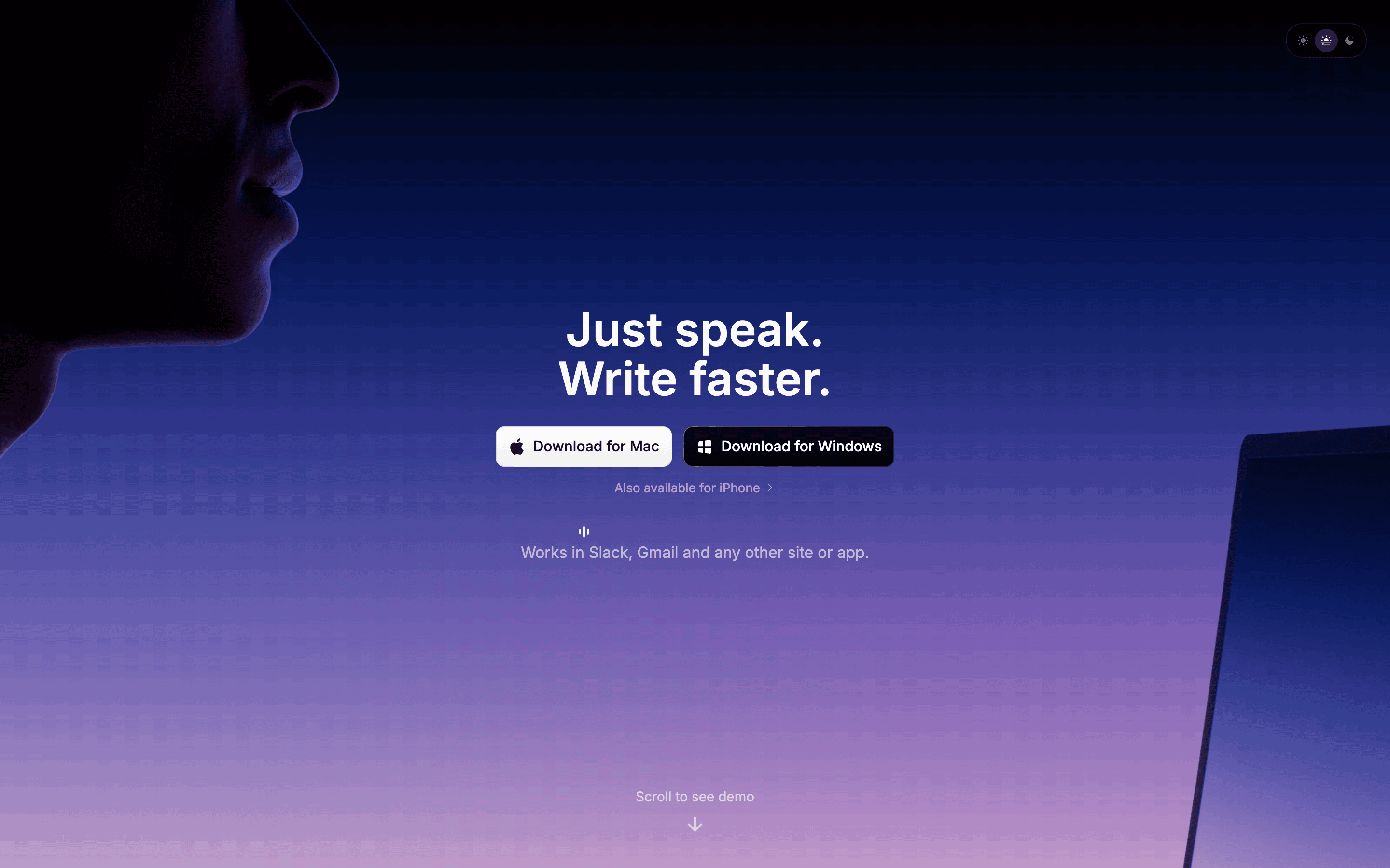 עמוד הבית של Superwhisper, אפליקציית ההכתבה עם AI ל-Mac ול-Windows שהביקורת הזאת בודקת