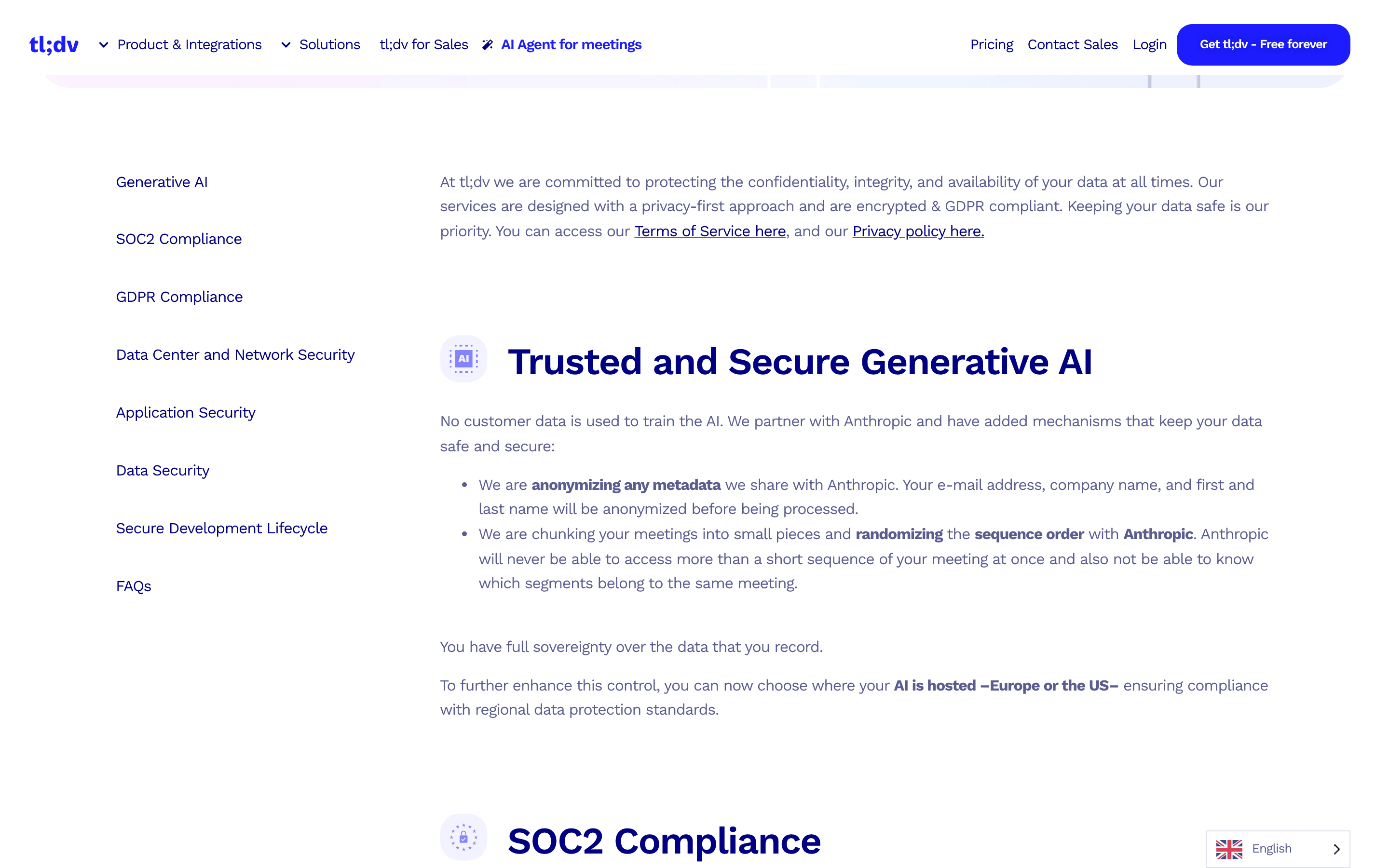 עמוד ה-Security Commitment של tl;dv שקובע שלא נעשה שימוש בנתוני לקוחות לאימון ה-AI, סעיף האימון שביקורת הפרטיות הזאת מצטטת
