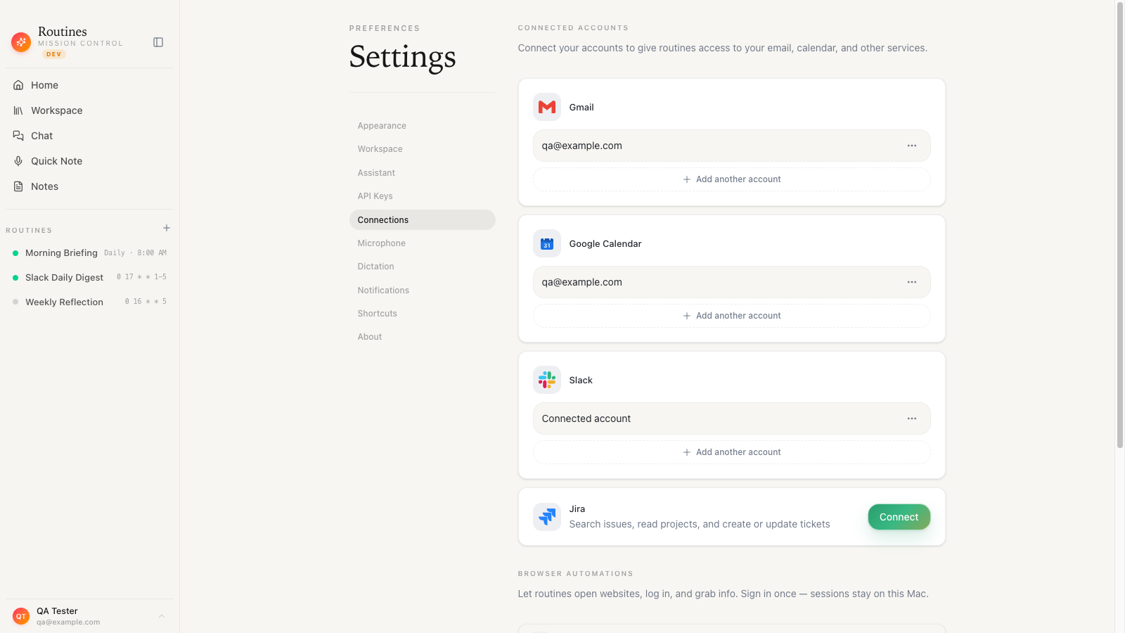 The Routines connections screen showing Gmail, Google Calendar, and Slack connected with one-click OAuth
