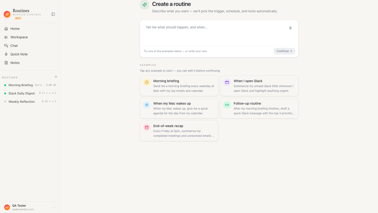 Creating a routine in Routines by describing it in plain English, with a schedule and connected accounts