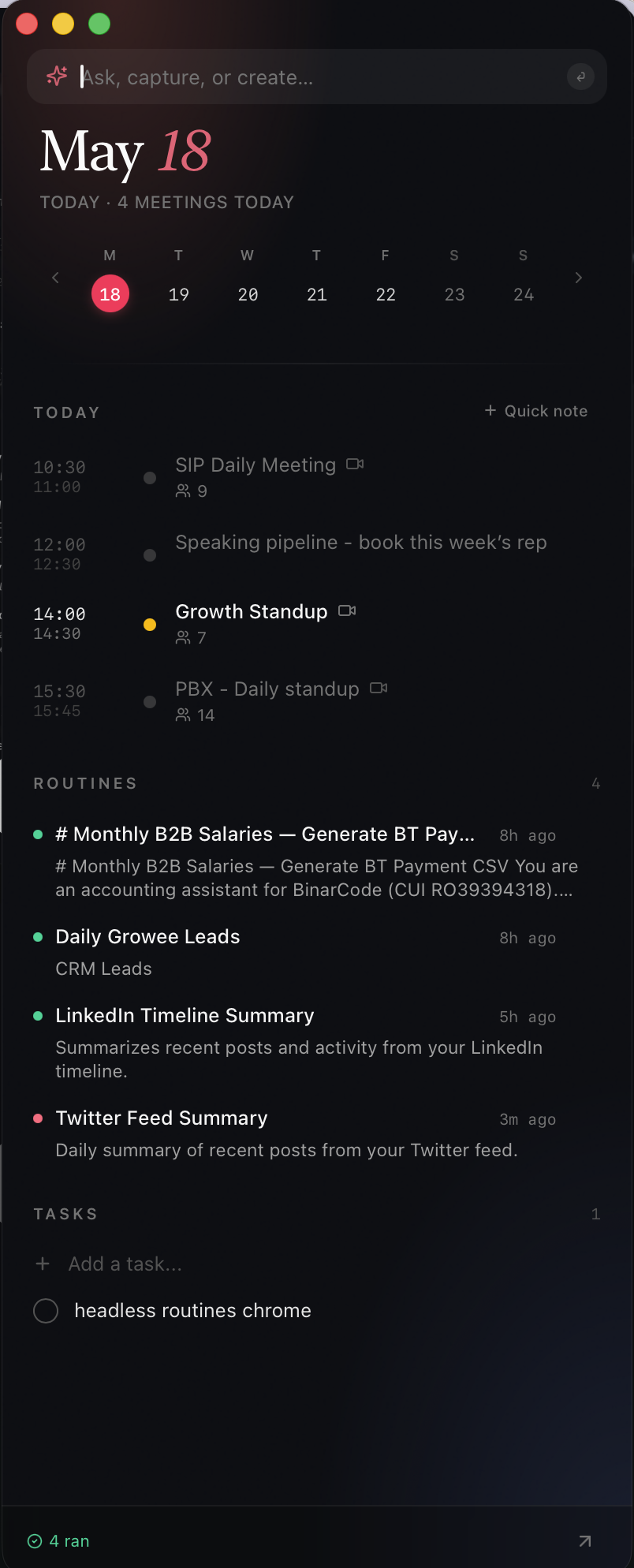 Routines popover quick-capture on macOS